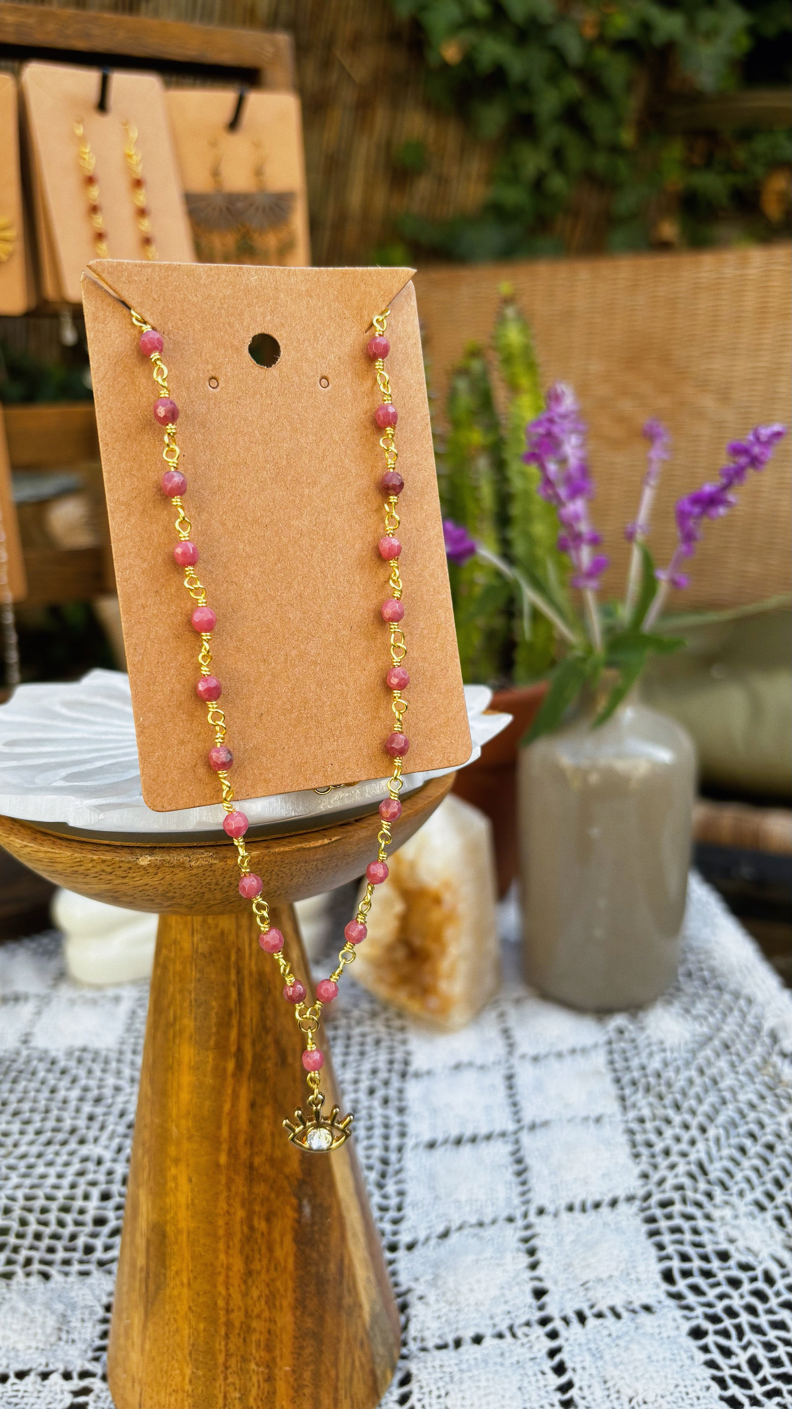 Rhodonite Protection Necklace – Gold-Wrapped Gemstones with Crystal Eye Charm