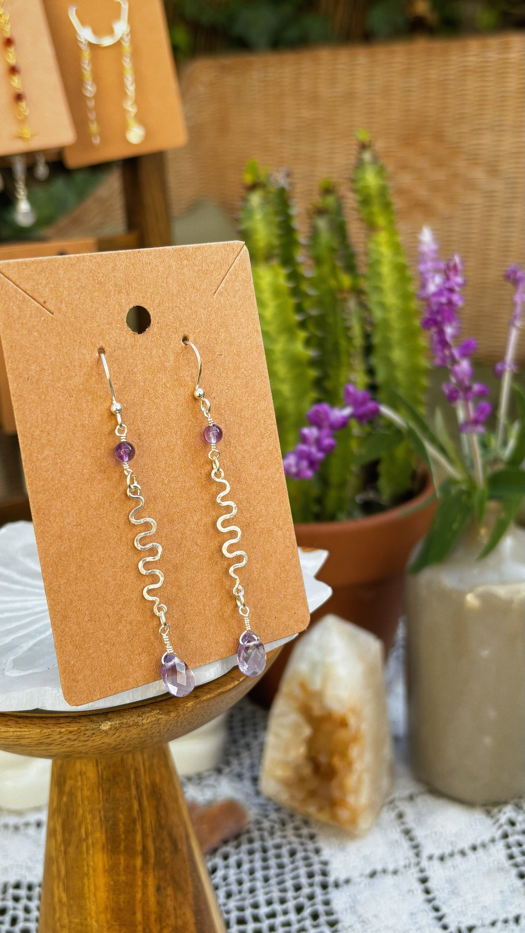 Amethyst Wavy Wire Earrings – Sterling Silver Finish & Handmade Design