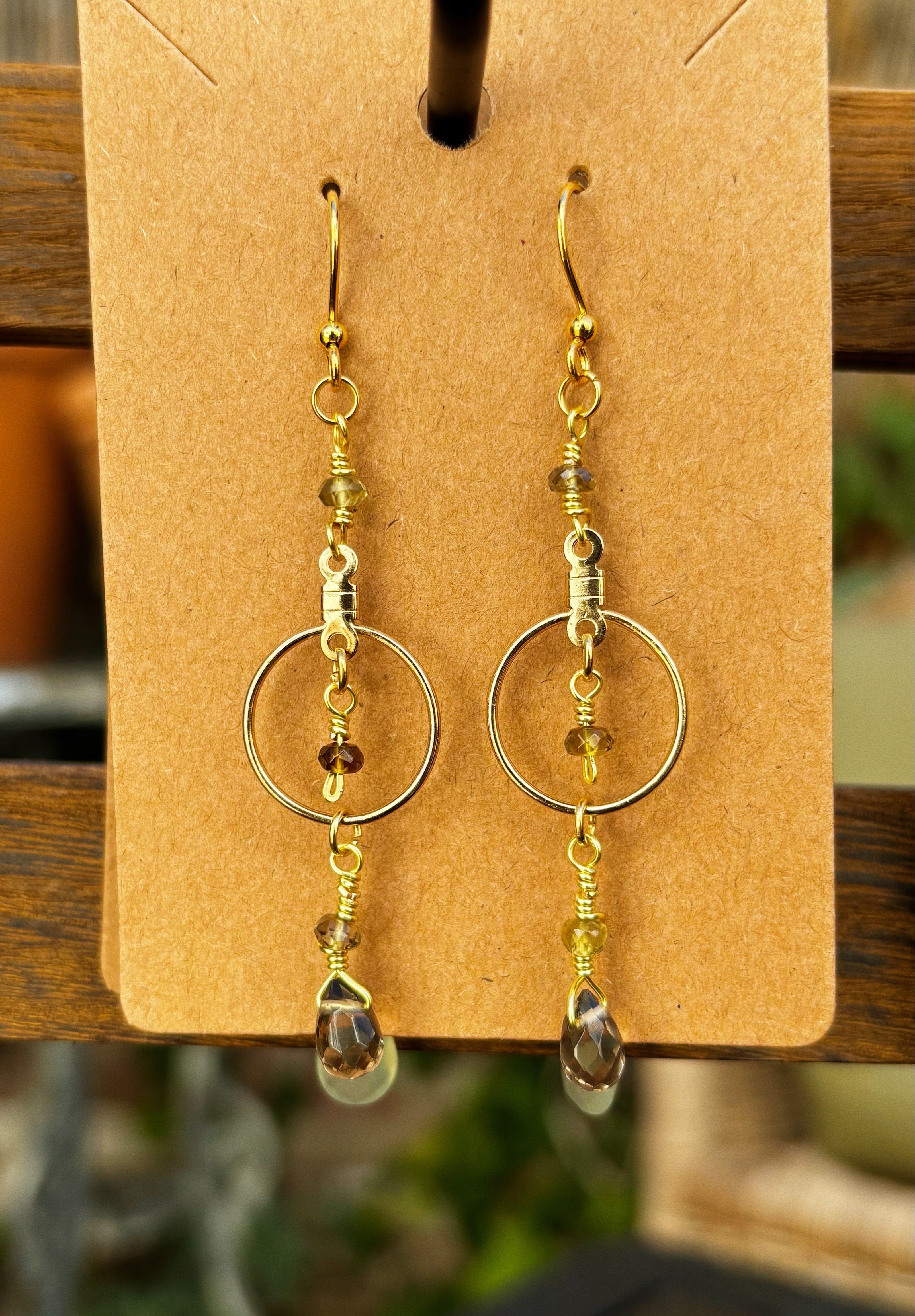 Smoky Quartz Teardrop Earrings with Gold Finished Wire & Hoop Detail