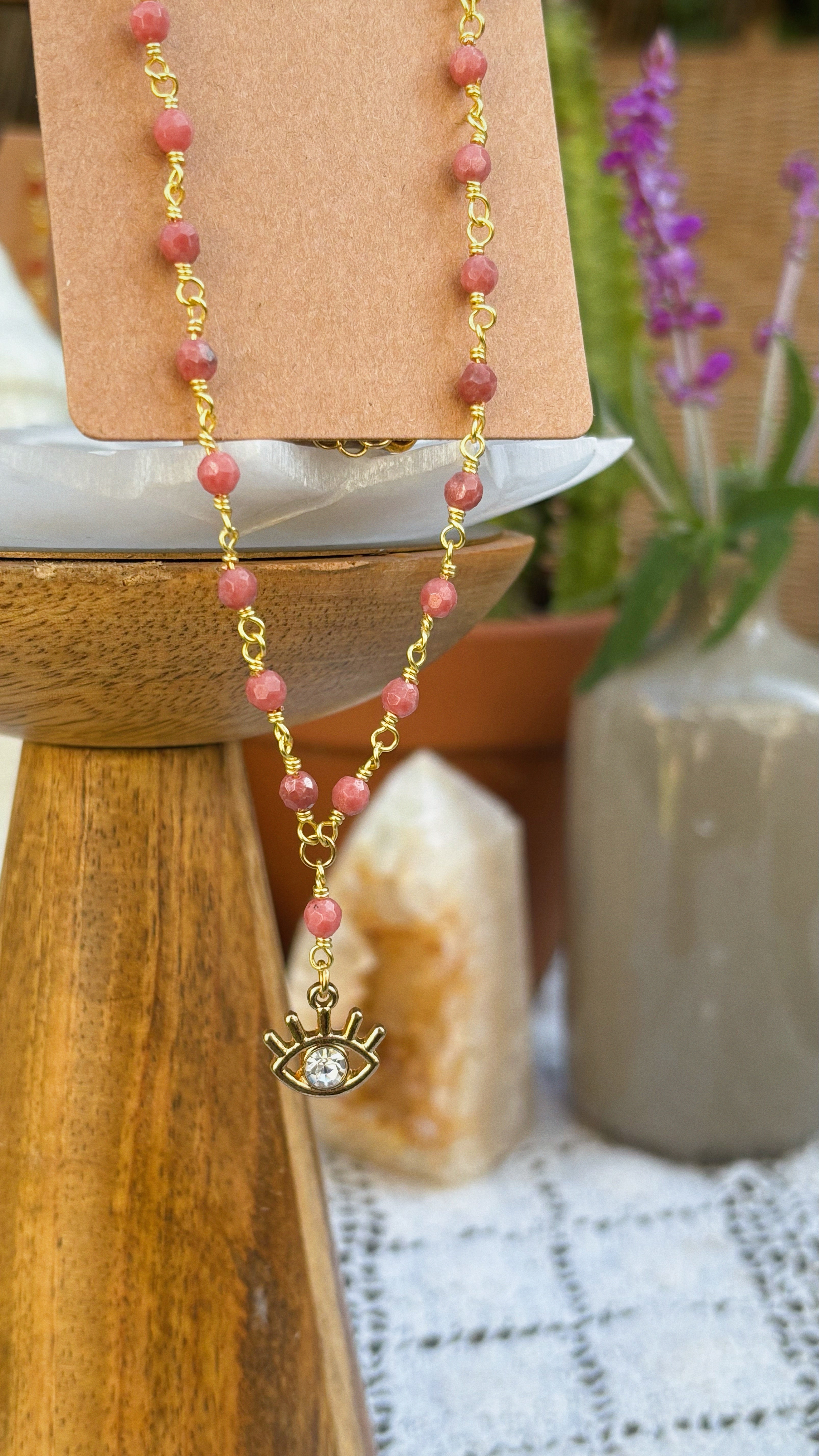Rhodonite Protection Necklace – Gold-Wrapped Gemstones with Crystal Eye Charm