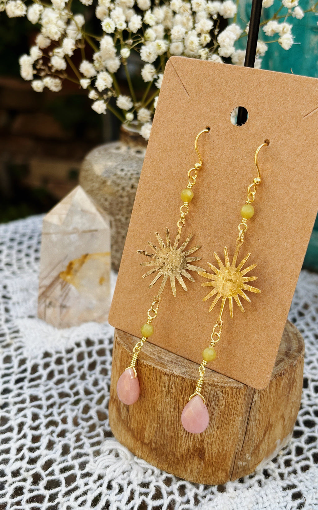 Pink Opal + New Jade Sunburst Earrings