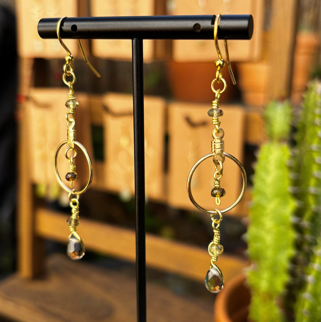 Smoky Quartz Teardrop Earrings with Gold Finished Wire & Hoop Detail