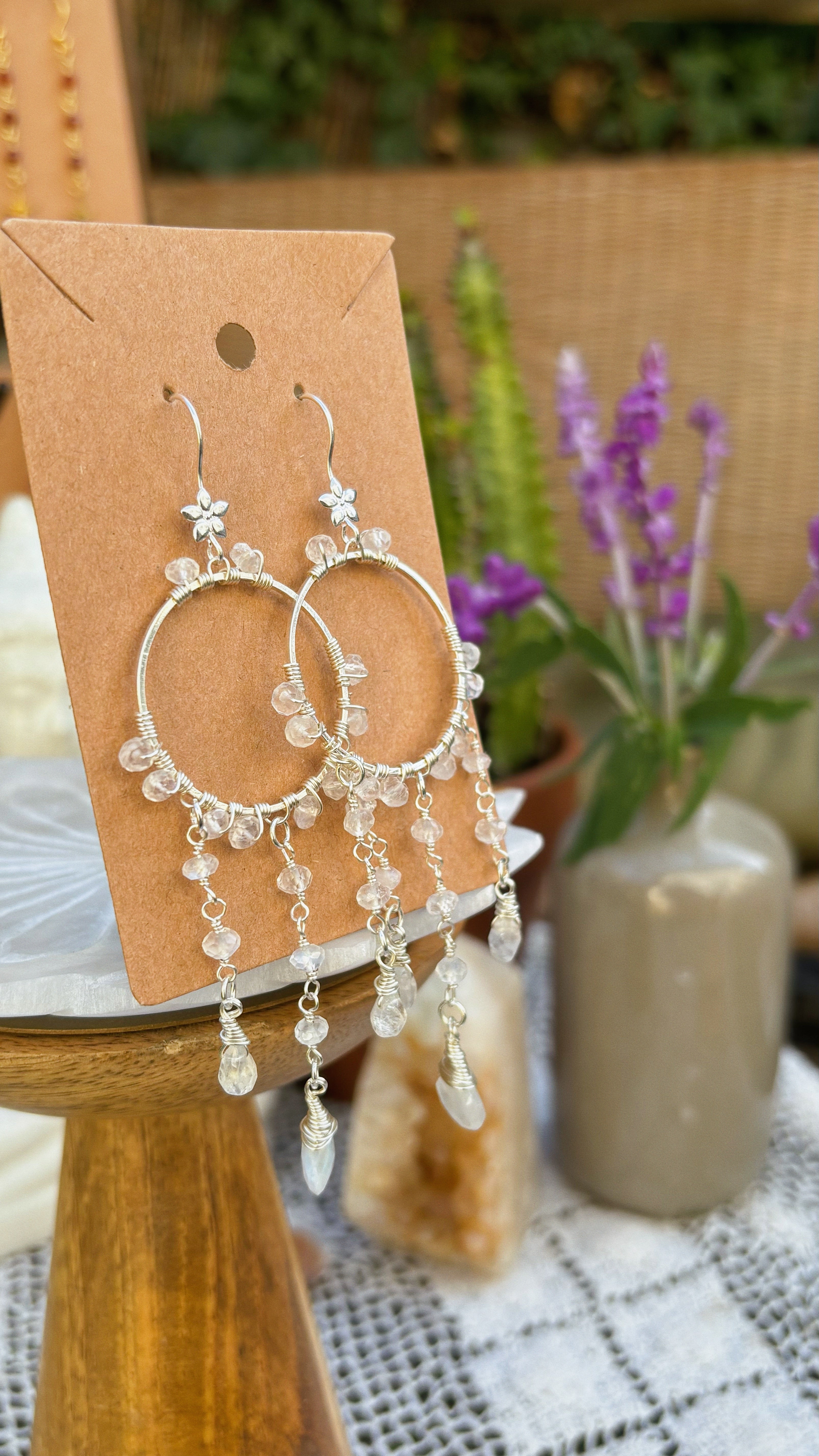 Rainbow Moonstone Cascade Hoops