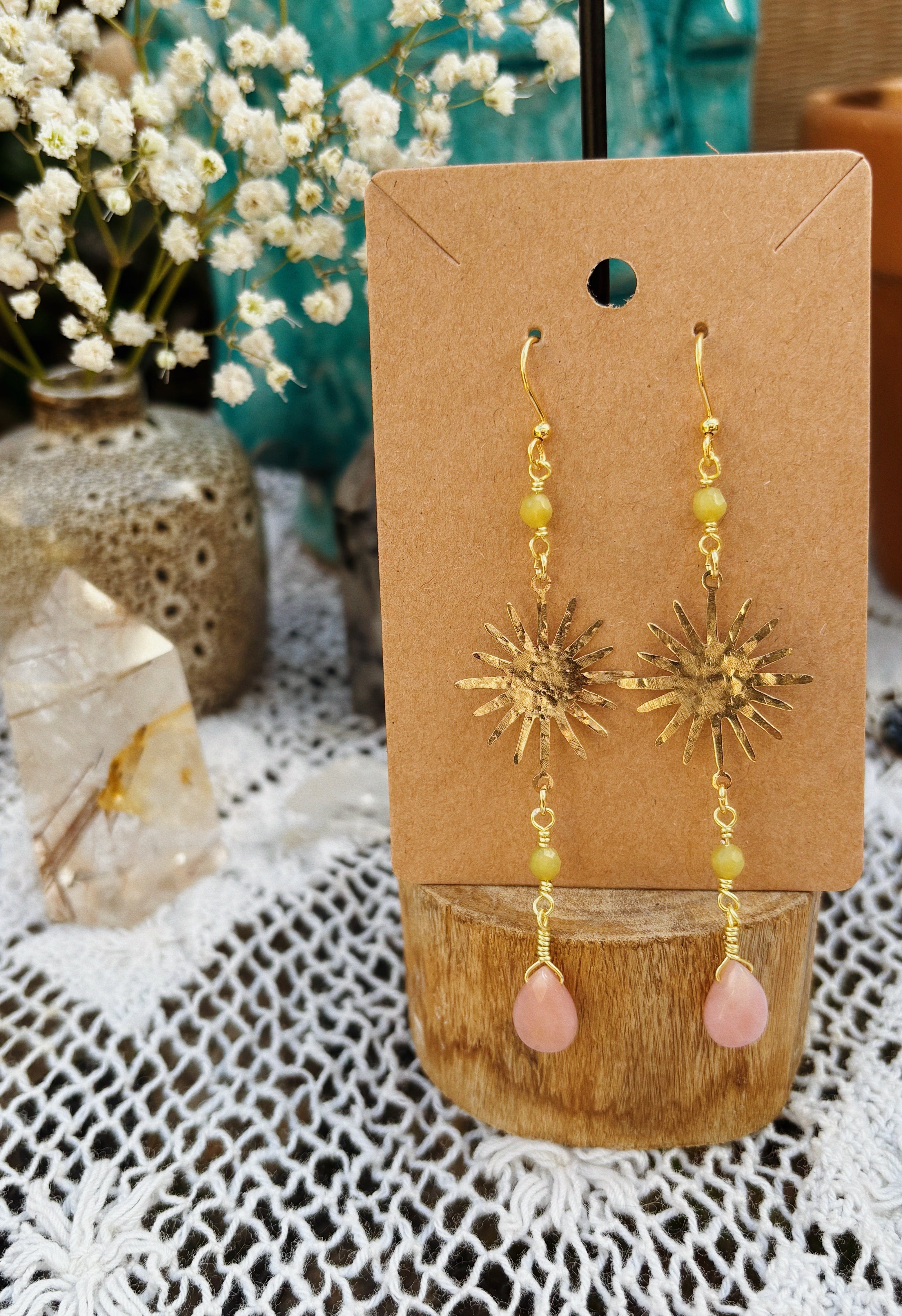Pink Opal + New Jade Sunburst Earrings