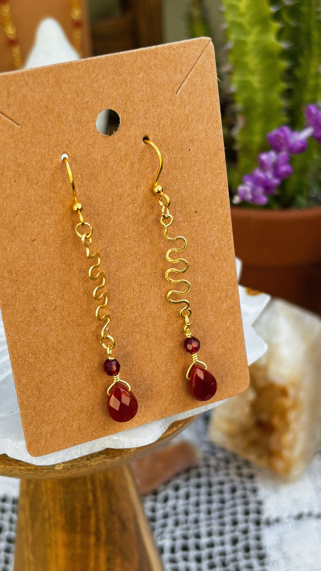 Wavy Gold Drop Earrings – Red Agate & Carnelian with Handmade Wire Design