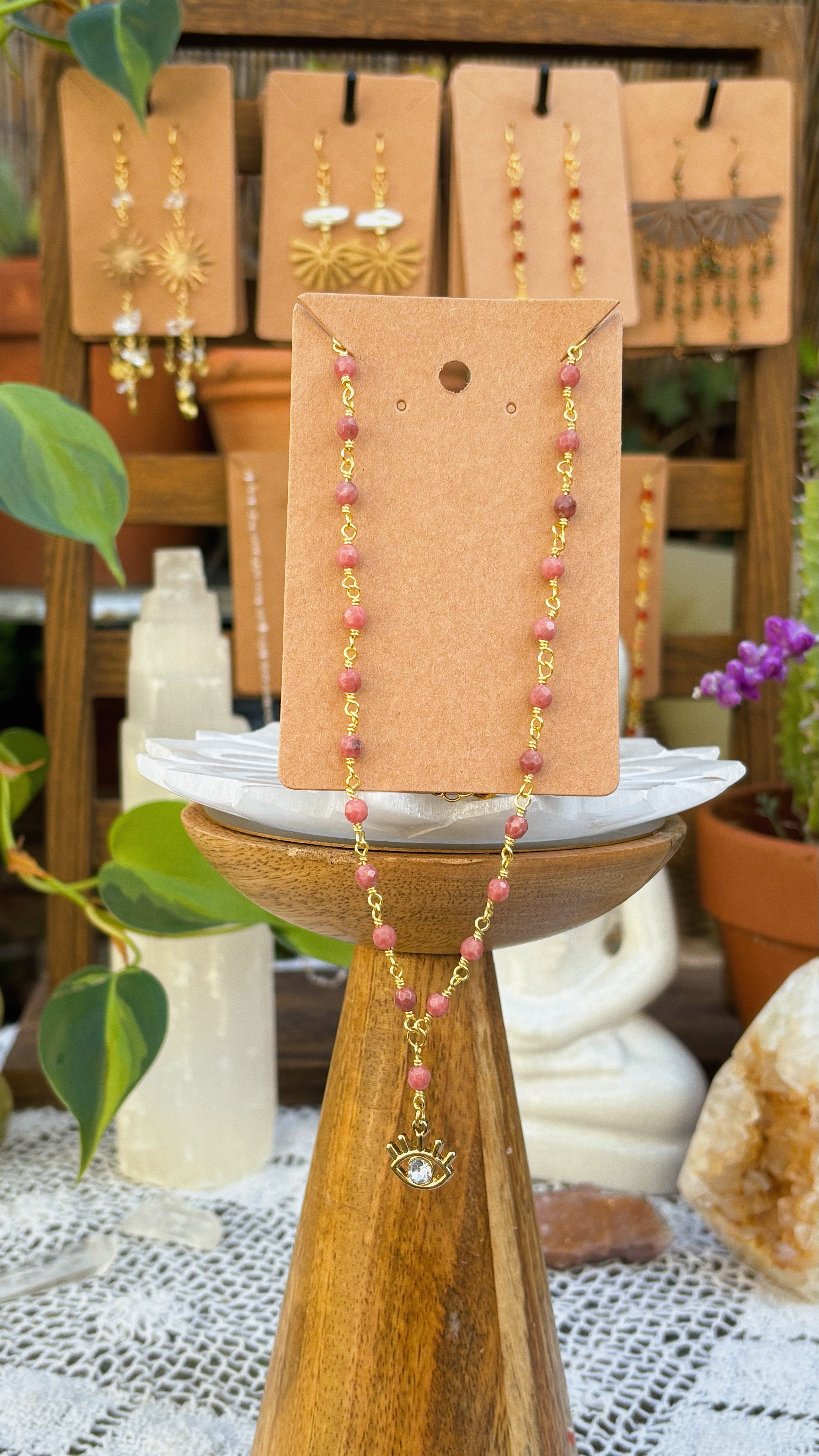Rhodonite Protection Necklace – Gold-Wrapped Gemstones with Crystal Eye Charm