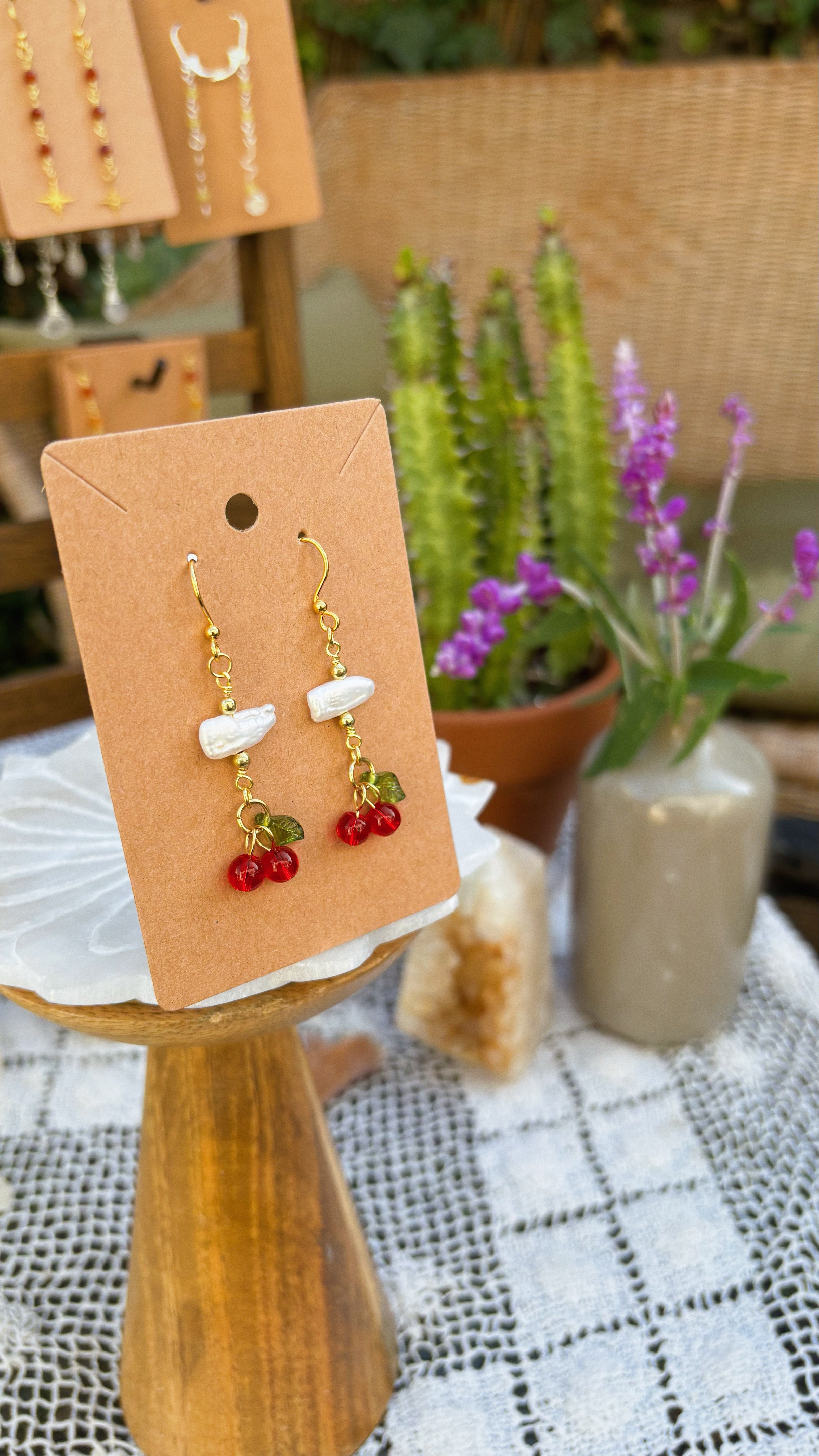 Cherry Pearl Drop Earrings – Freshwater Pearls & Glass Charms