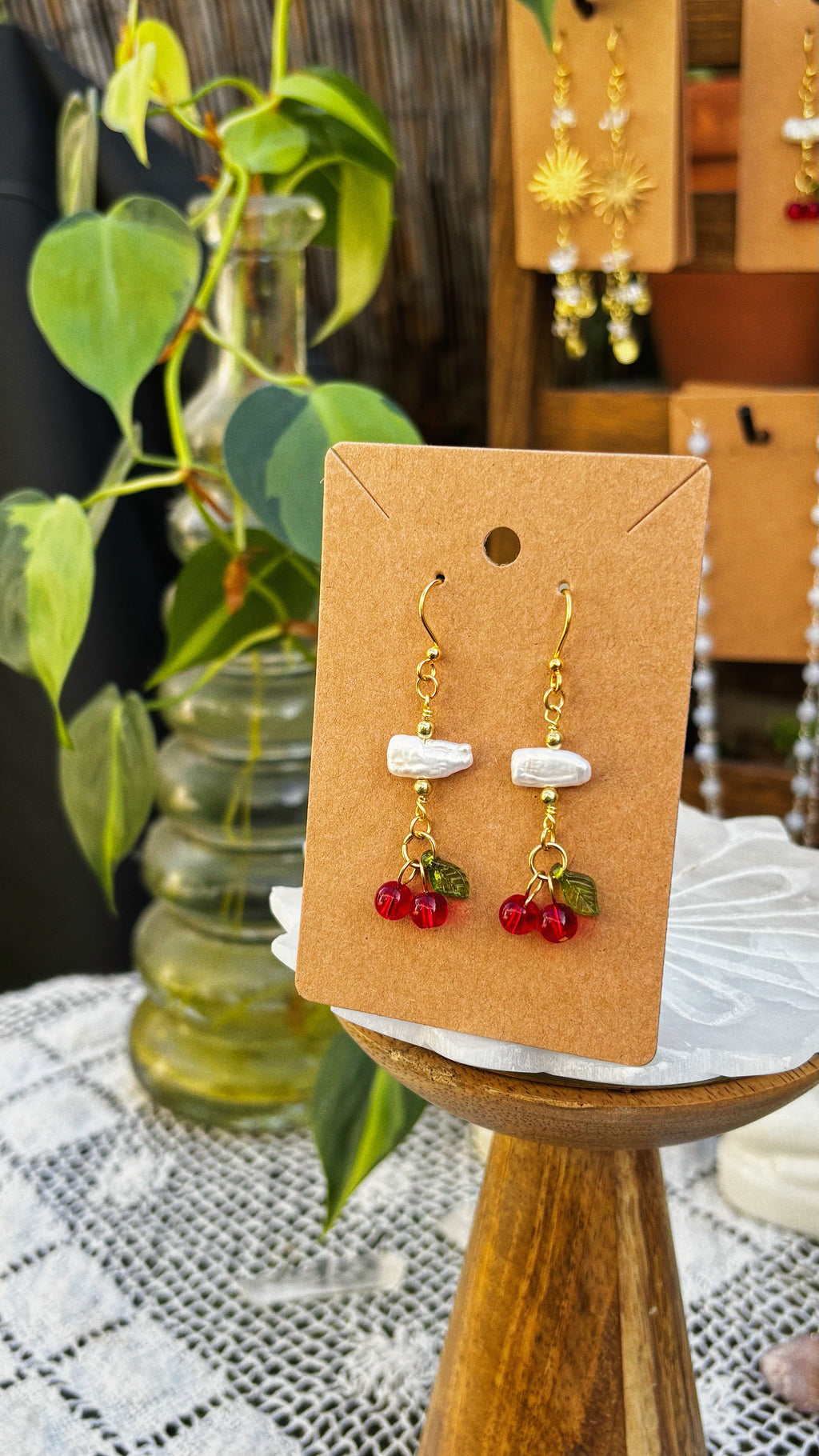 Cherry Pearl Drop Earrings – Freshwater Pearls & Glass Charms