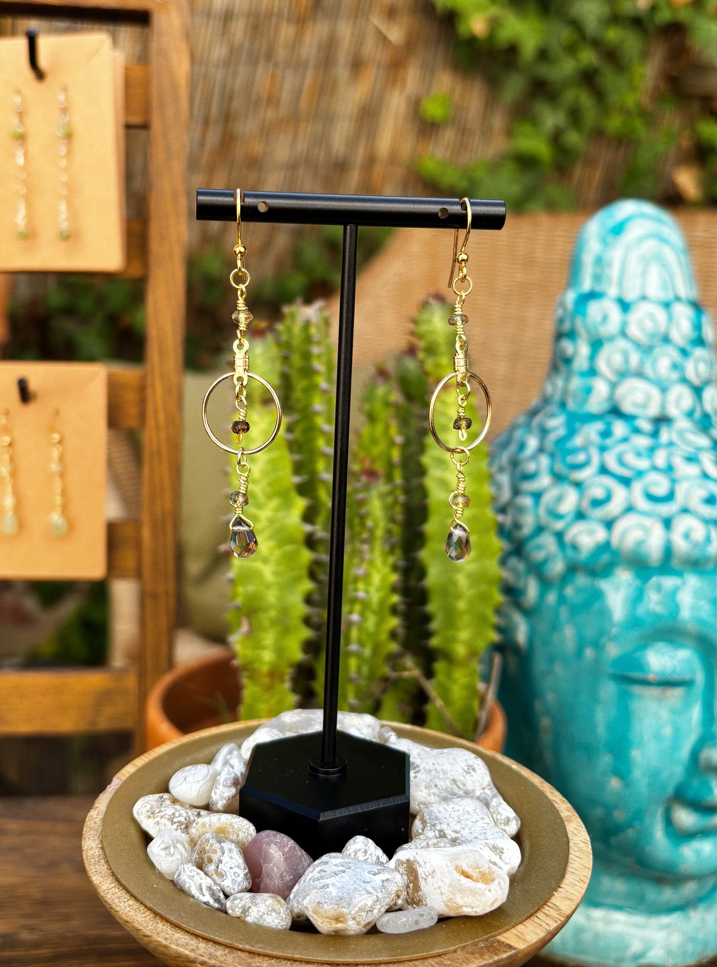 Smoky Quartz Teardrop Earrings with Gold Finished Wire & Hoop Detail