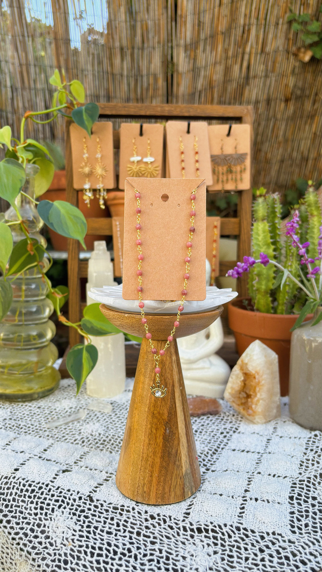 Rhodonite Protection Necklace – Gold-Wrapped Gemstones with Crystal Eye Charm