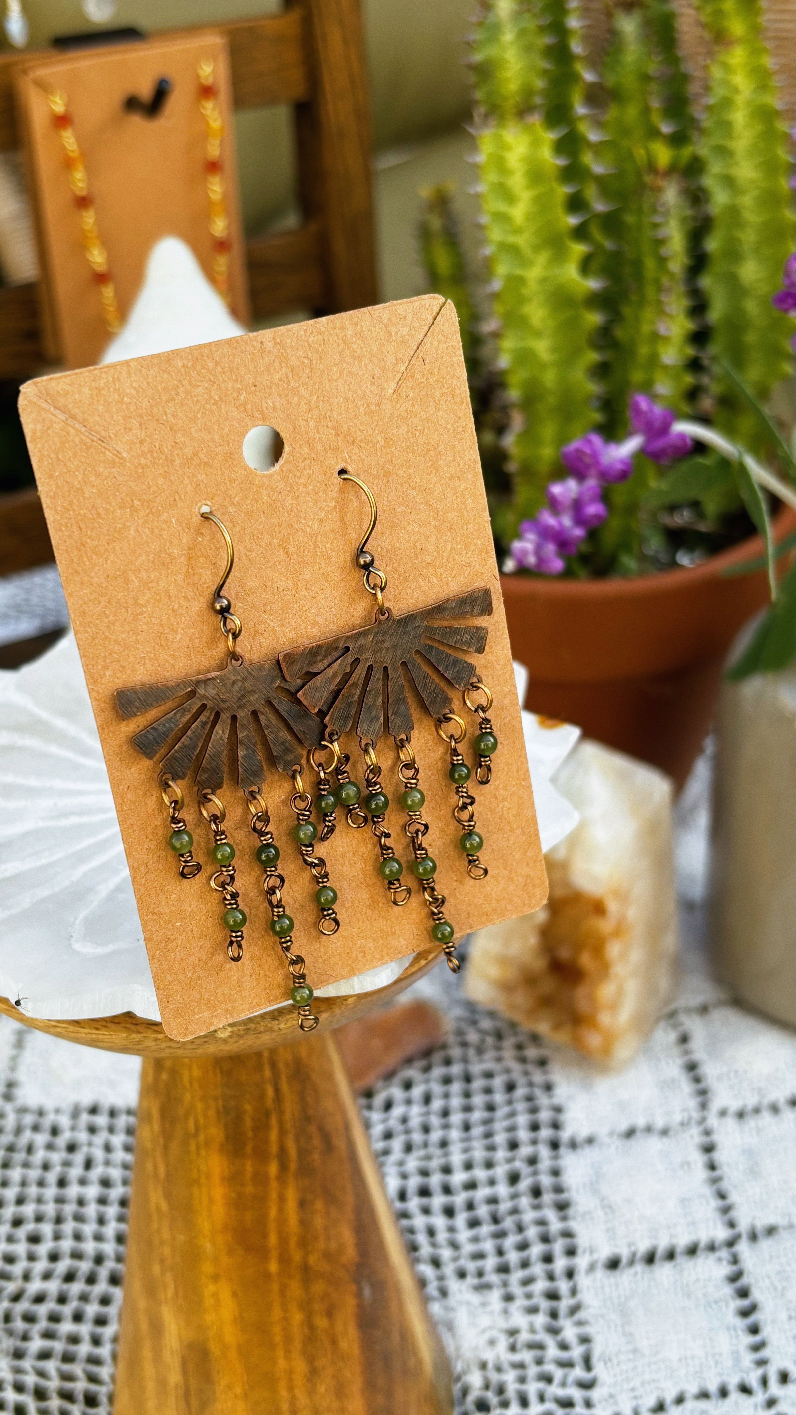 Jade Cascade Earrings – Antique Brass Sunburst Charms & Hand-Wrapped Gemstone Drops