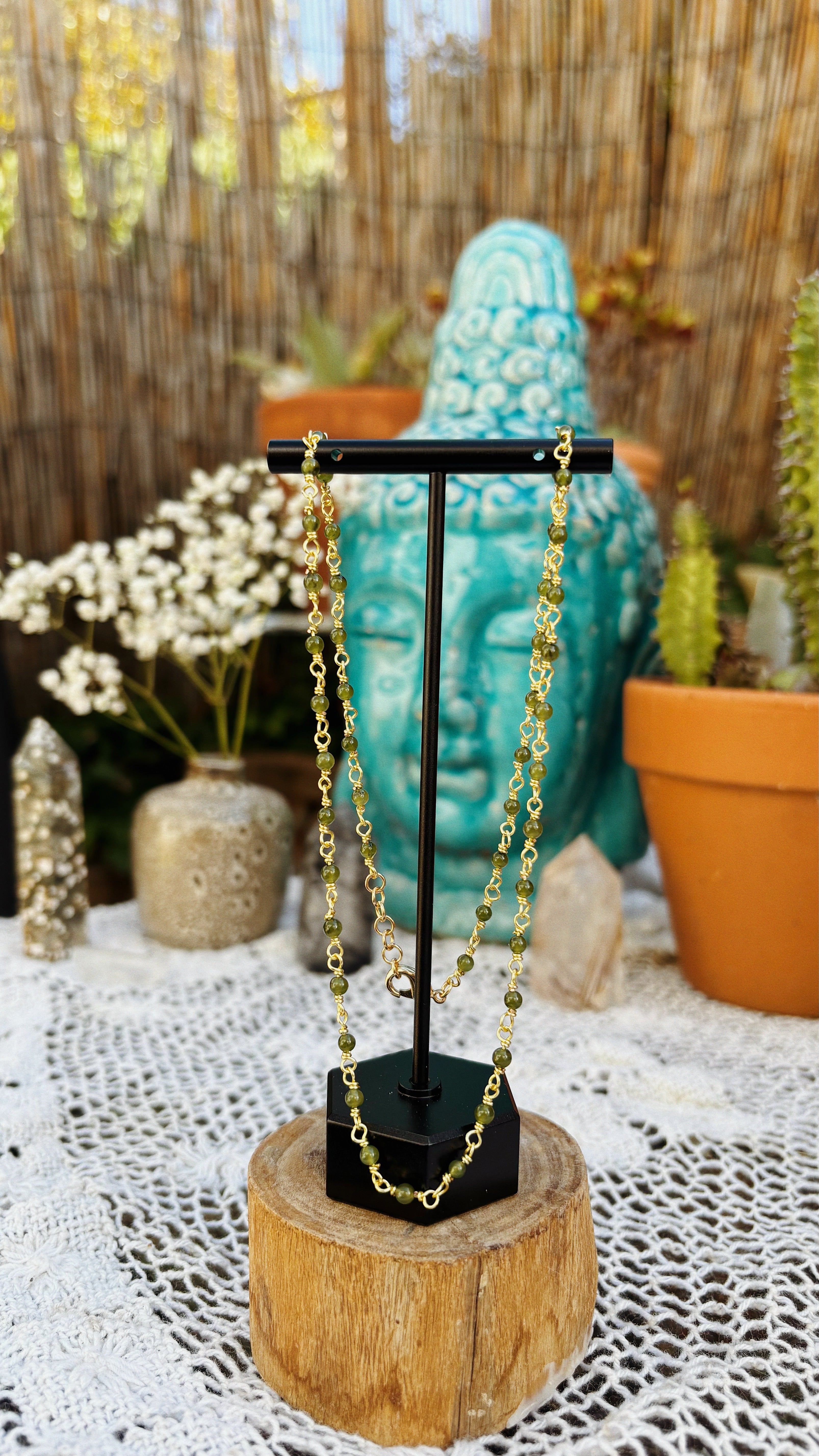 Dainty Jade Beaded Chain - Gold Finished