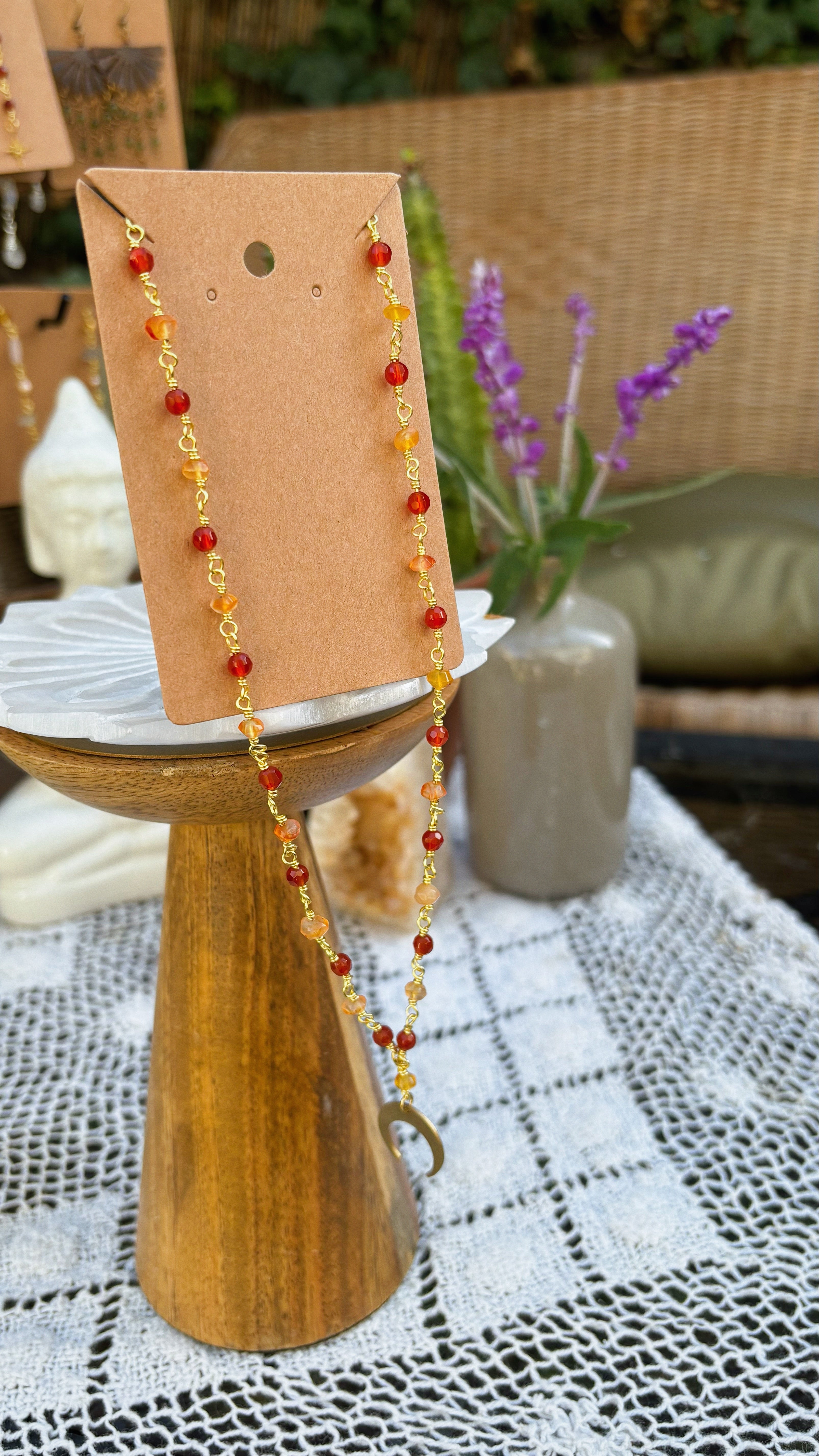 Firelight Carnelian Moon Necklace – Gold-Wrapped Gemstone Chain