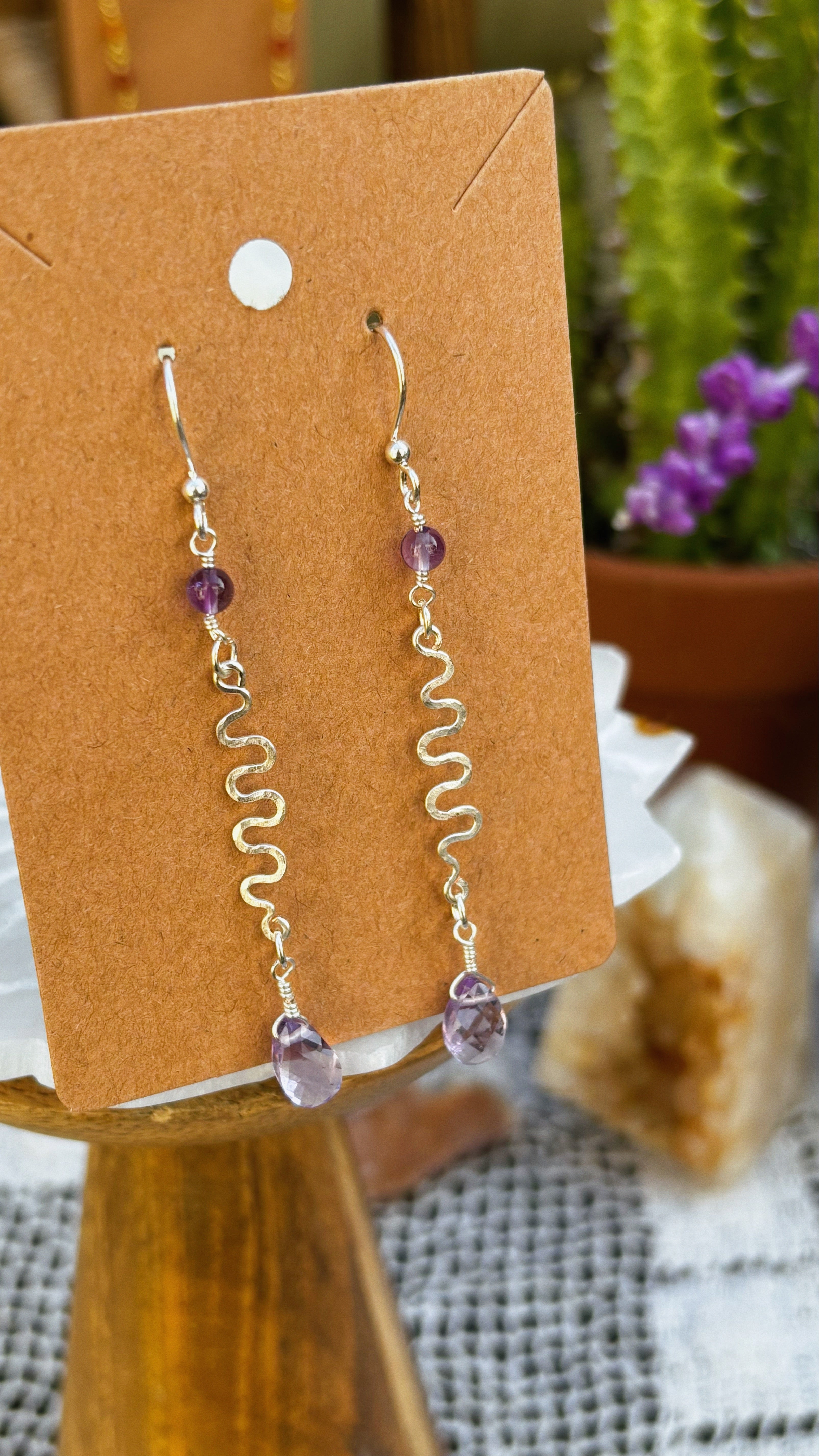 Amethyst Wavy Wire Earrings – Sterling Silver Finish & Handmade Design