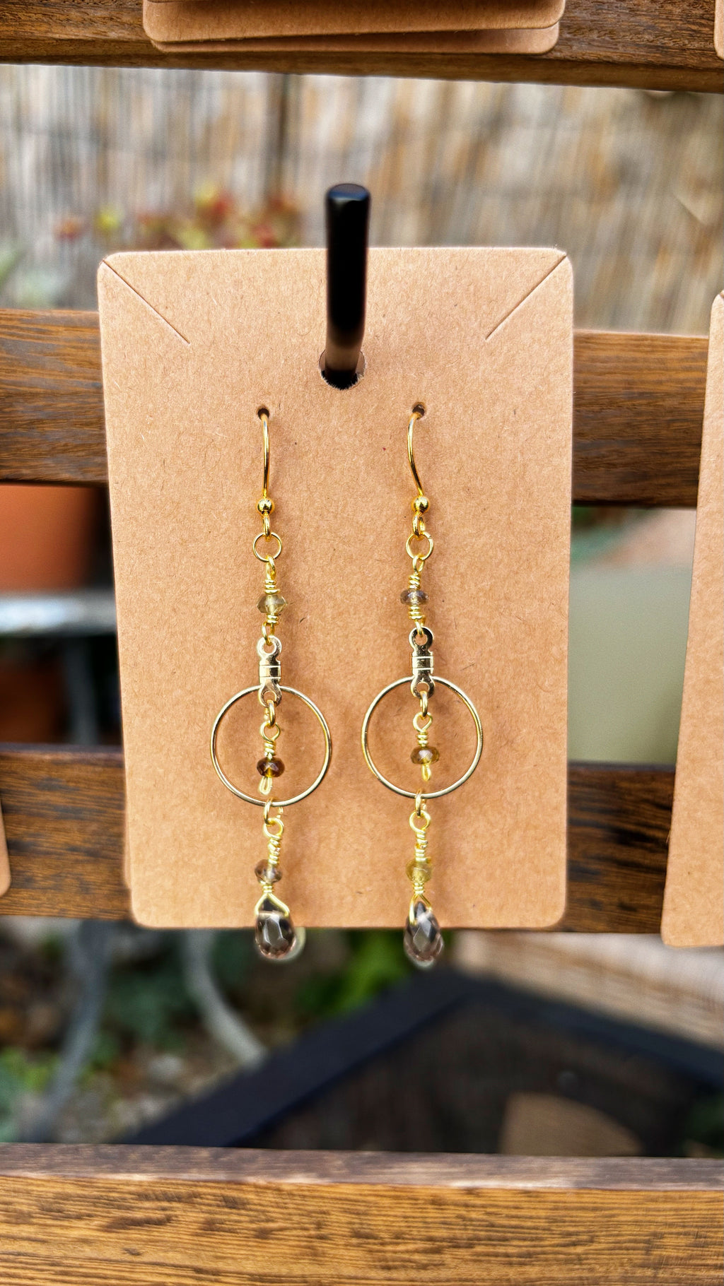Smoky Quartz Teardrop Earrings with Gold Finished Wire & Hoop Detail