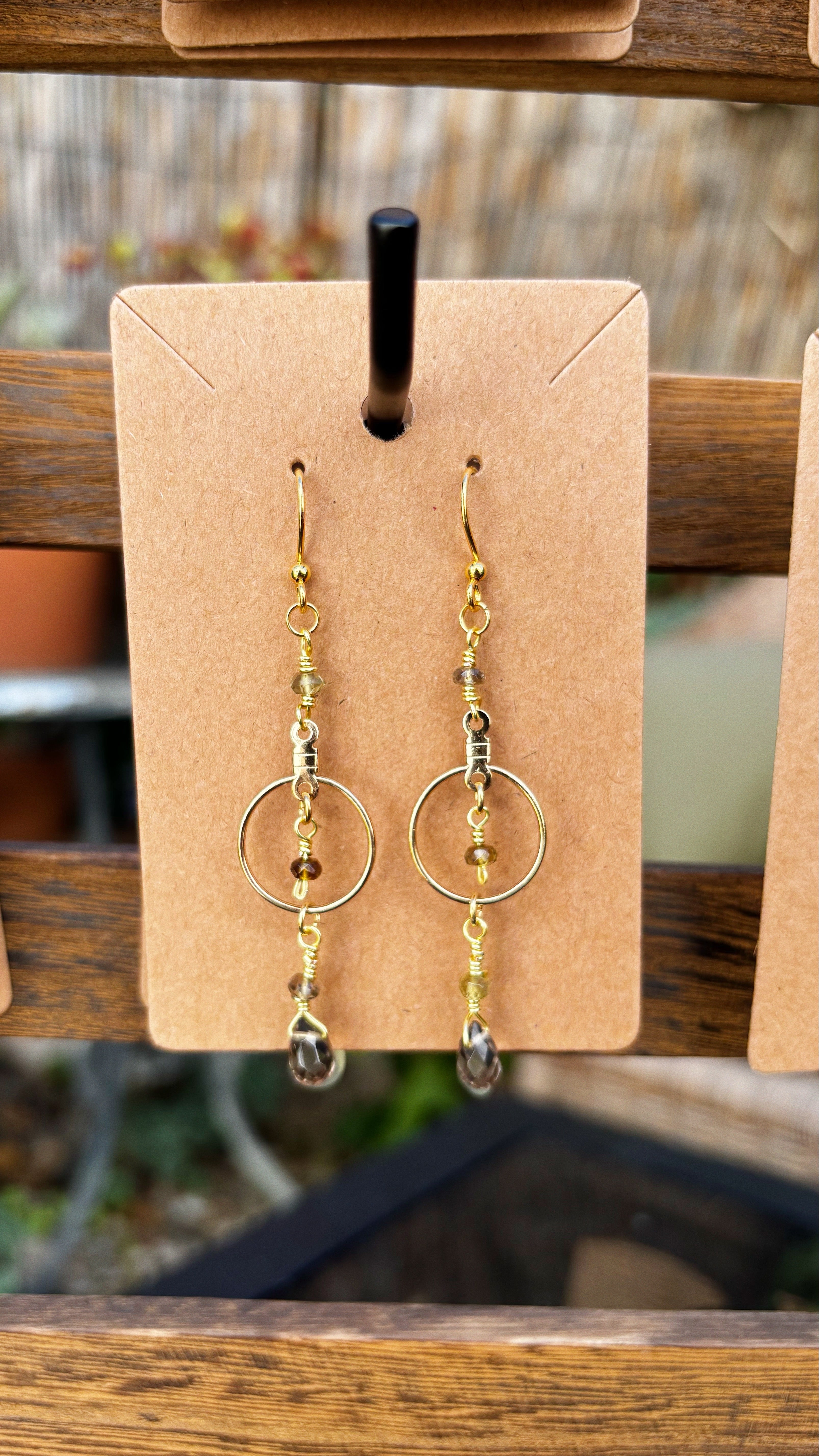 Smoky Quartz Teardrop Earrings with Gold Finished Wire & Hoop Detail