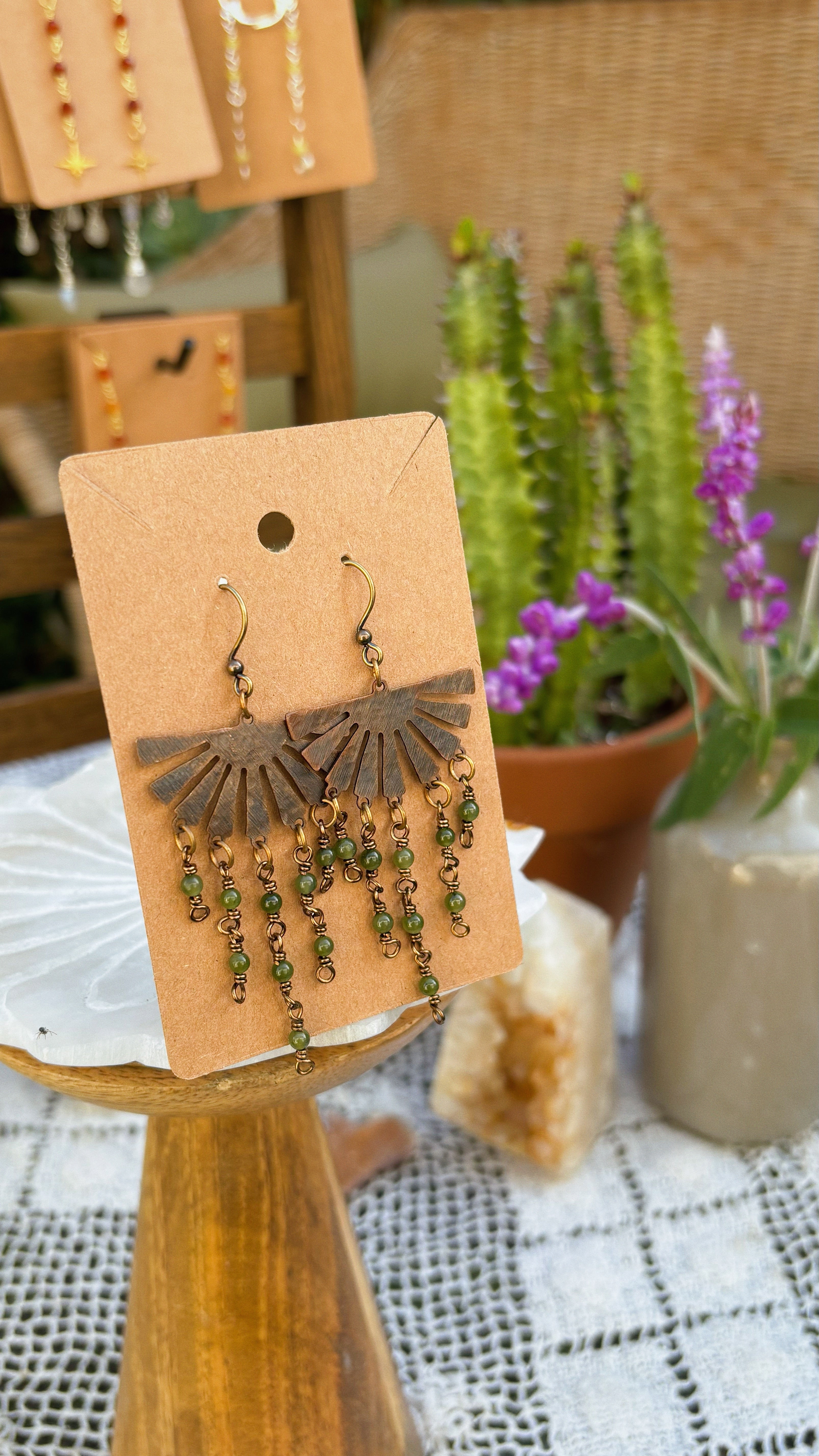 Jade Cascade Earrings – Antique Brass Sunburst Charms & Hand-Wrapped Gemstone Drops
